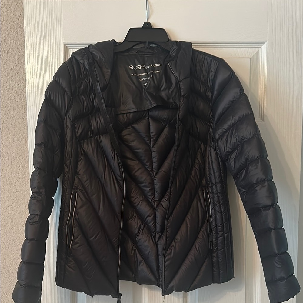 BCBG Black Puffer Jacket with Chevron Quilting
